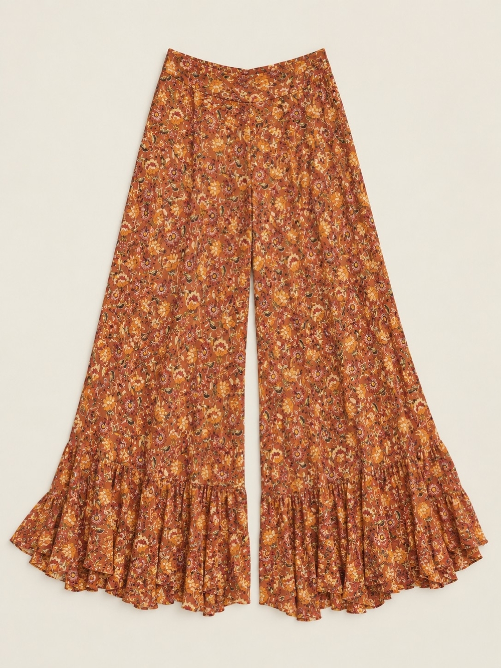 SHEIN Rust Floral Wide-Leg Ruffle Hem Pants - Picture 1 of 1